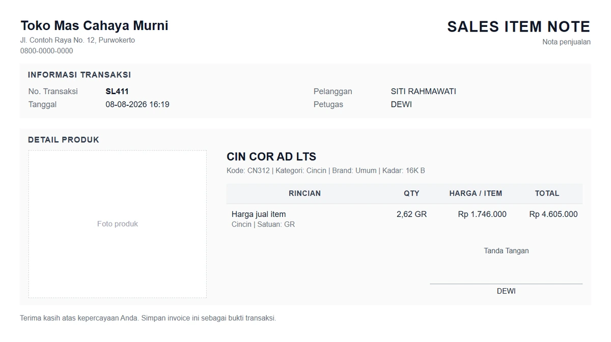 Nota penjualan di Jemari Point, memuat barang, berat, kadar, dan totalnya dalam satu lembar.
