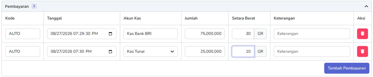 Panel pembayaran utang di Jemari Point, dua baris pembayaran dari kas bank dan kas tunai beserta setara beratnya.