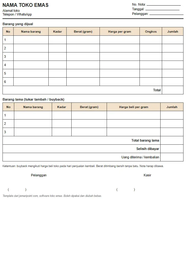 Template Nota Toko Emas Kosong, PDF dan Excel Siap Unduh