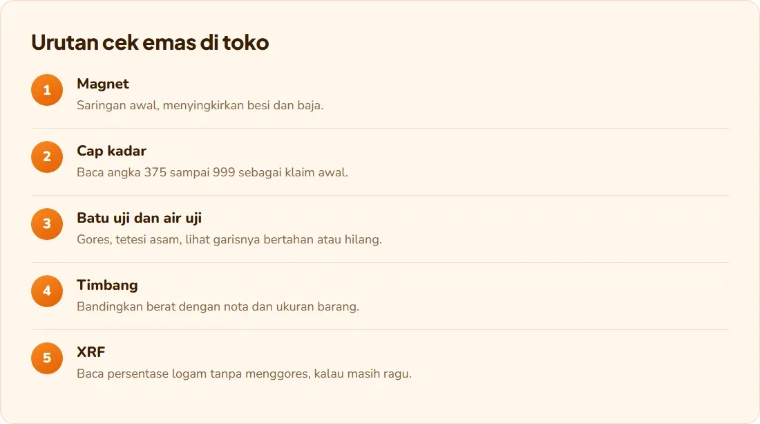 Urutan cara toko emas mengecek emas asli: magnet, cap kadar, batu uji dan air uji, timbang, XRF