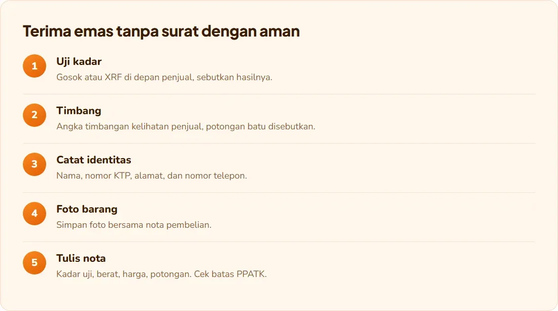 Alur toko emas menerima emas tanpa surat: uji kadar, timbang, catat identitas, foto barang, tulis nota